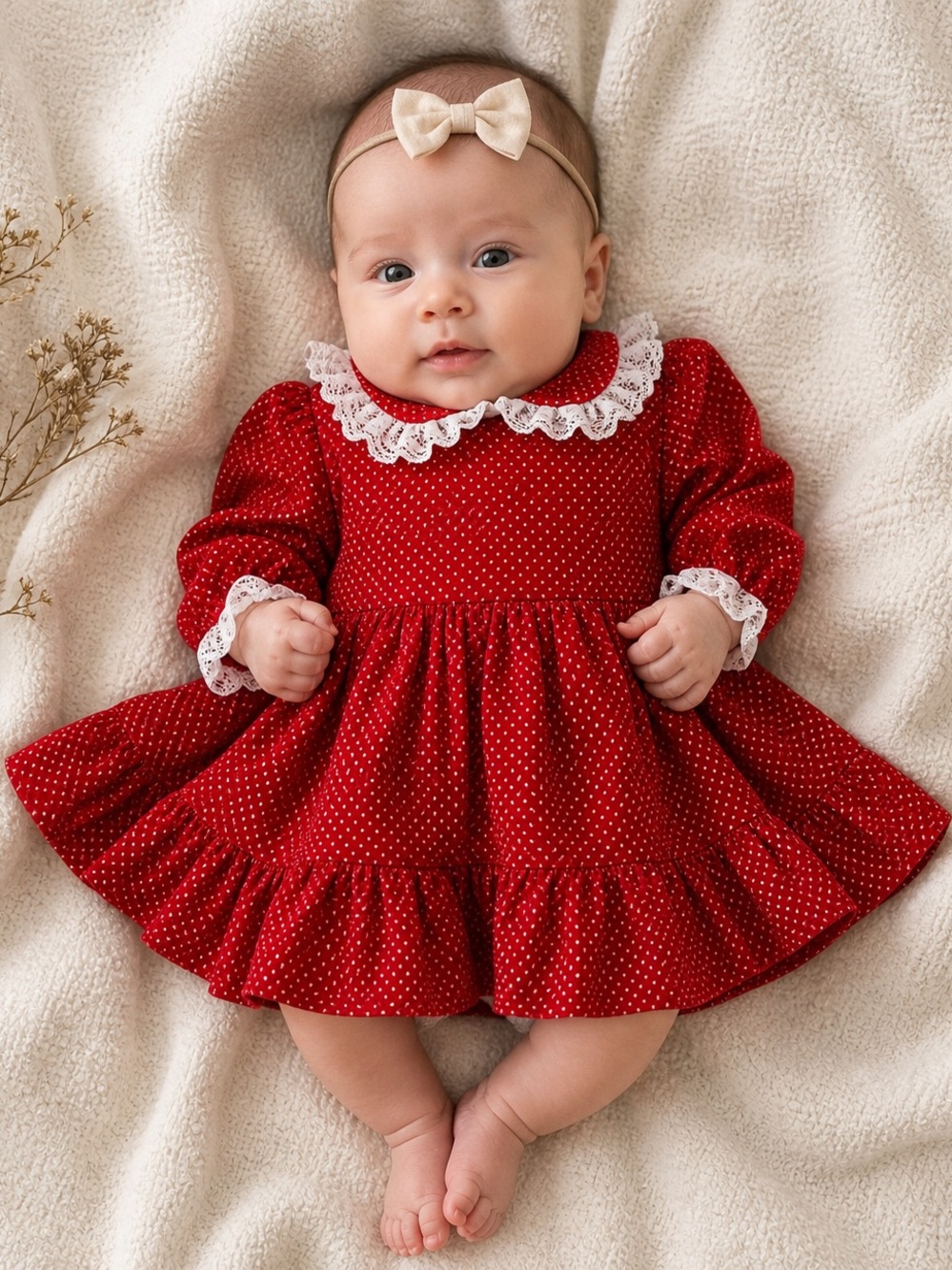 Vintage Heirloom Red Polka Dot Baby Dress Lace Collar Cottagecore